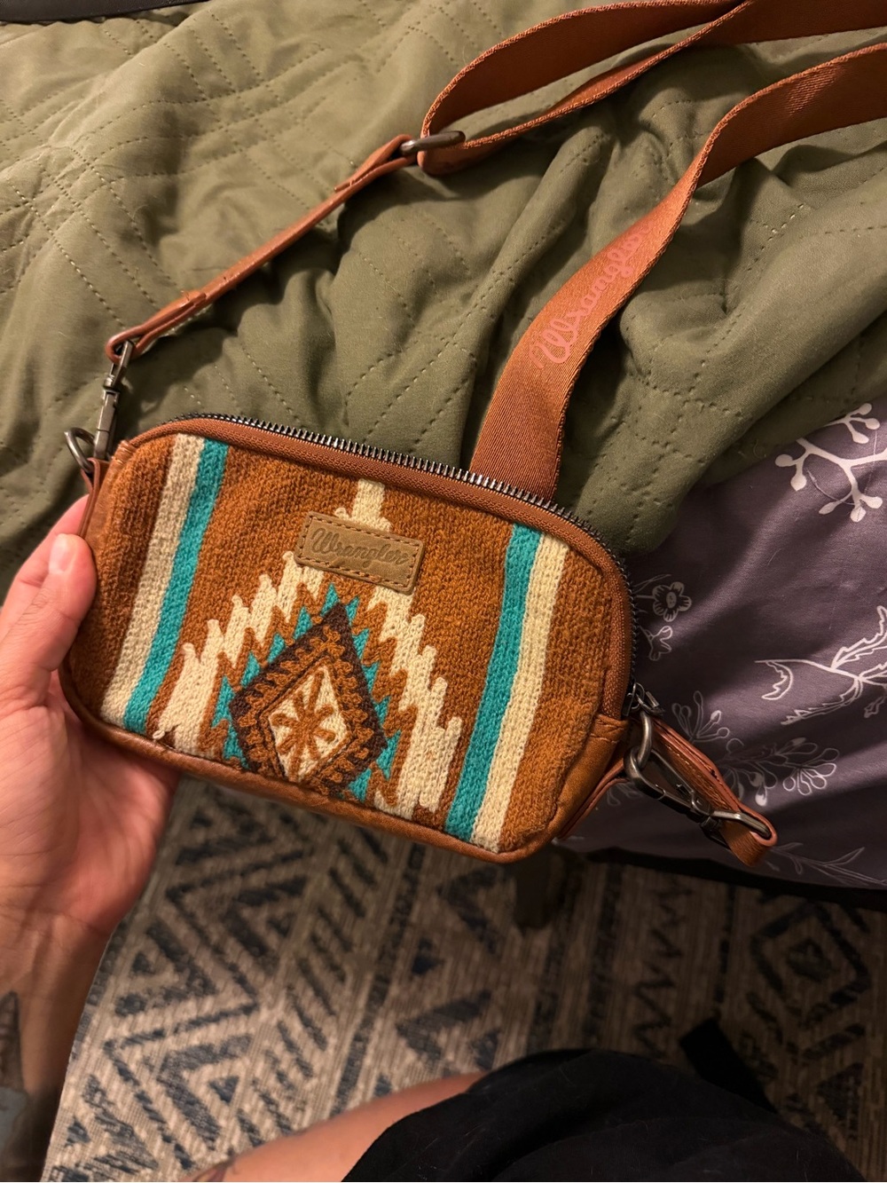 Wrangler Brown Crossbody Bag with Turquoise and Cream Aztec Pattern